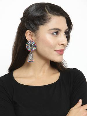 Handcrafted Mirror Multi Beads Stones Oxidised Silver Plated Floral Brass Afghan Jhumkas 4