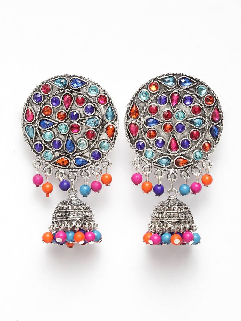 Handcrafted Multi Beads Stones Rajwada Design Oxidised Silver Plated Brass Afghan Jhumkas