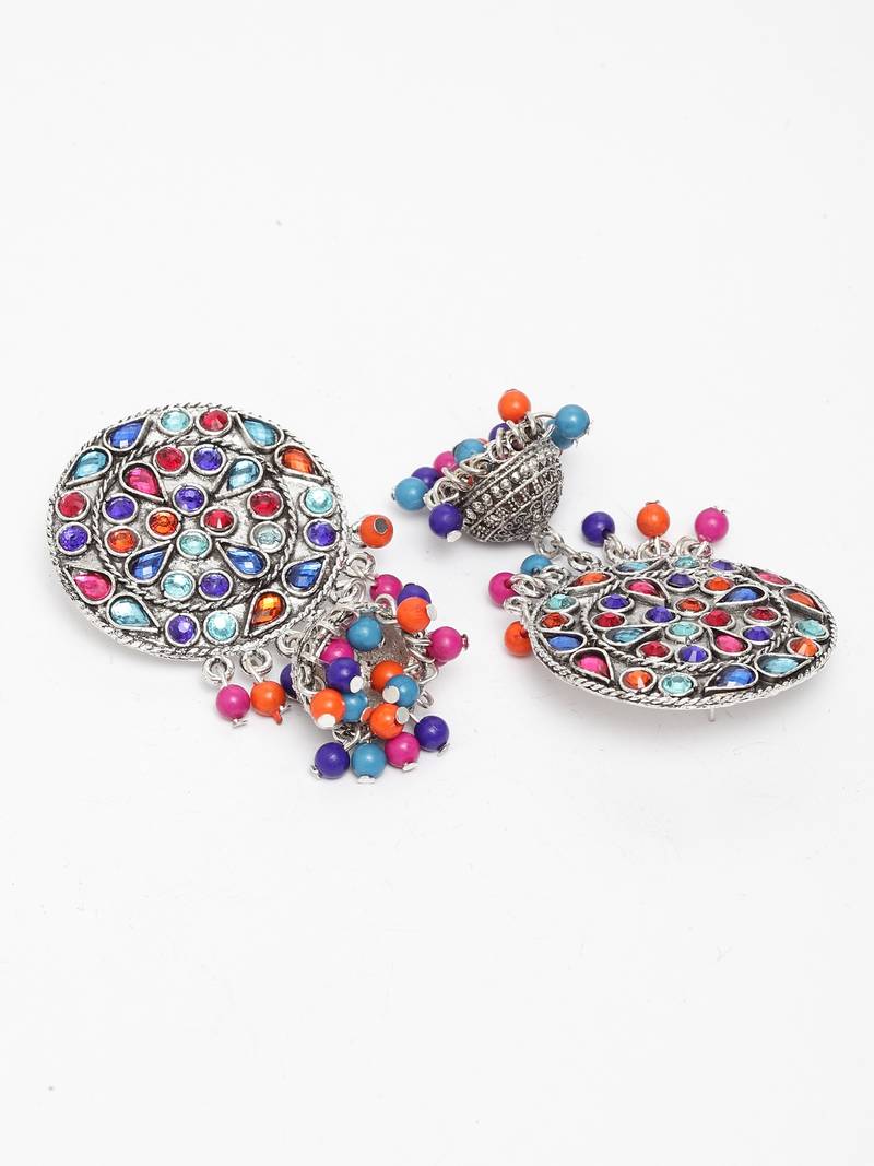 Handcrafted Multi Beads Stones Rajwada Design Oxidised Silver Plated Brass Afghan Jhumkas
