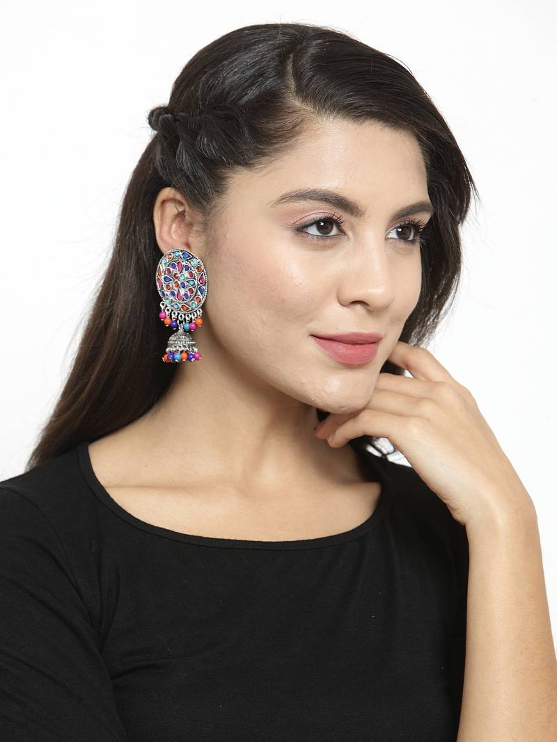 Handcrafted Multi Beads Stones Rajwada Design Oxidised Silver Plated Brass Afghan Jhumkas