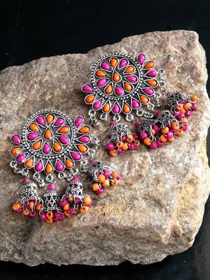 Handcrafted Pink Orange Beads Stones Hanging Jhumki Design Oxidised Silver Plated Brass Chandbalis 1