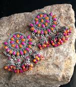 Handcrafted Pink Orange Beads Stones Hanging Jhumki Design Oxidised Silver Plated Brass Chandbalis