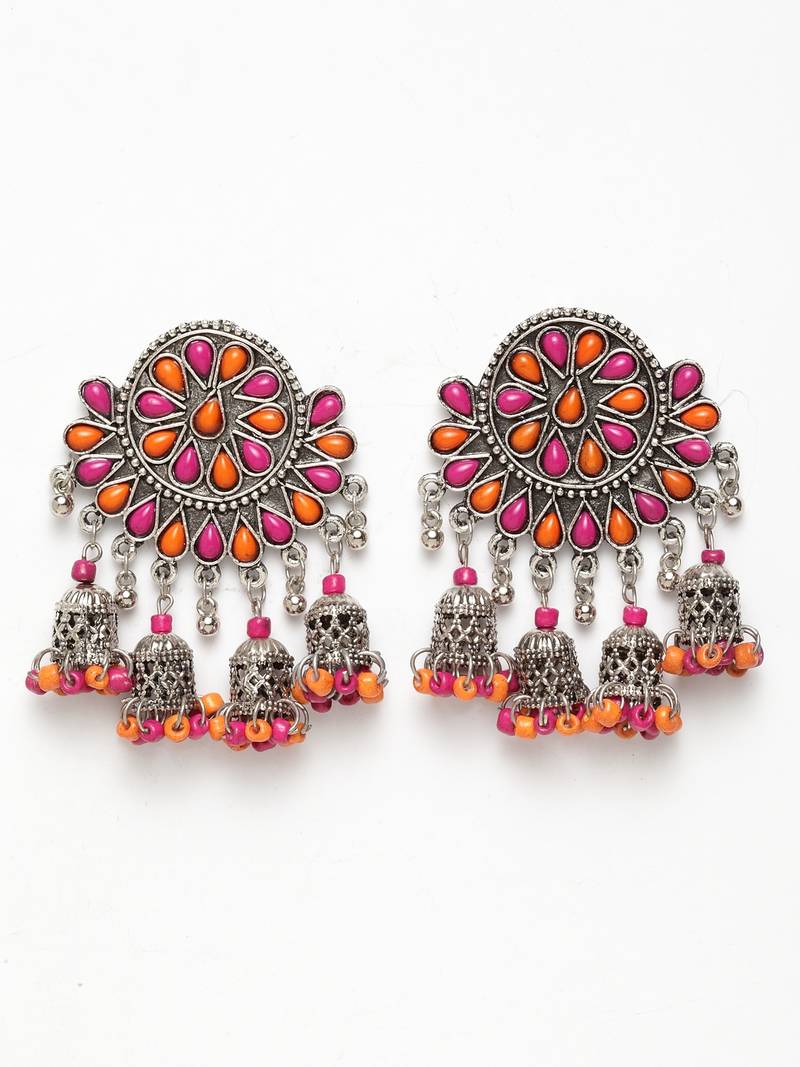 Handcrafted Pink Orange Beads Stones Hanging Jhumki Design Oxidised Silver Plated Brass Chandbalis