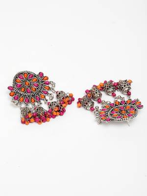Handcrafted Pink Orange Beads Stones Hanging Jhumki Design Oxidised Silver Plated Brass Chandbalis 3