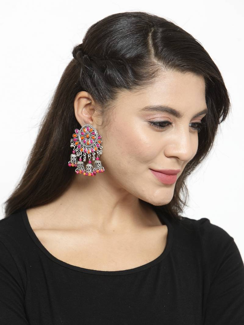 Handcrafted Pink Orange Beads Stones Hanging Jhumki Design Oxidised Silver Plated Brass Chandbalis
