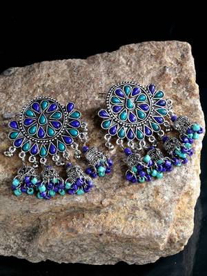 Handcrafted Blue Beads Stones Hanging Jhumki Design Oxidised Silver Plated Brass Chandbalis 1