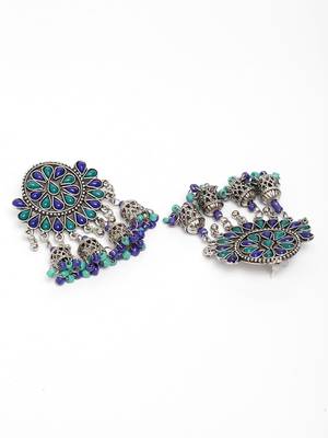 Handcrafted Blue Beads Stones Hanging Jhumki Design Oxidised Silver Plated Brass Chandbalis 2