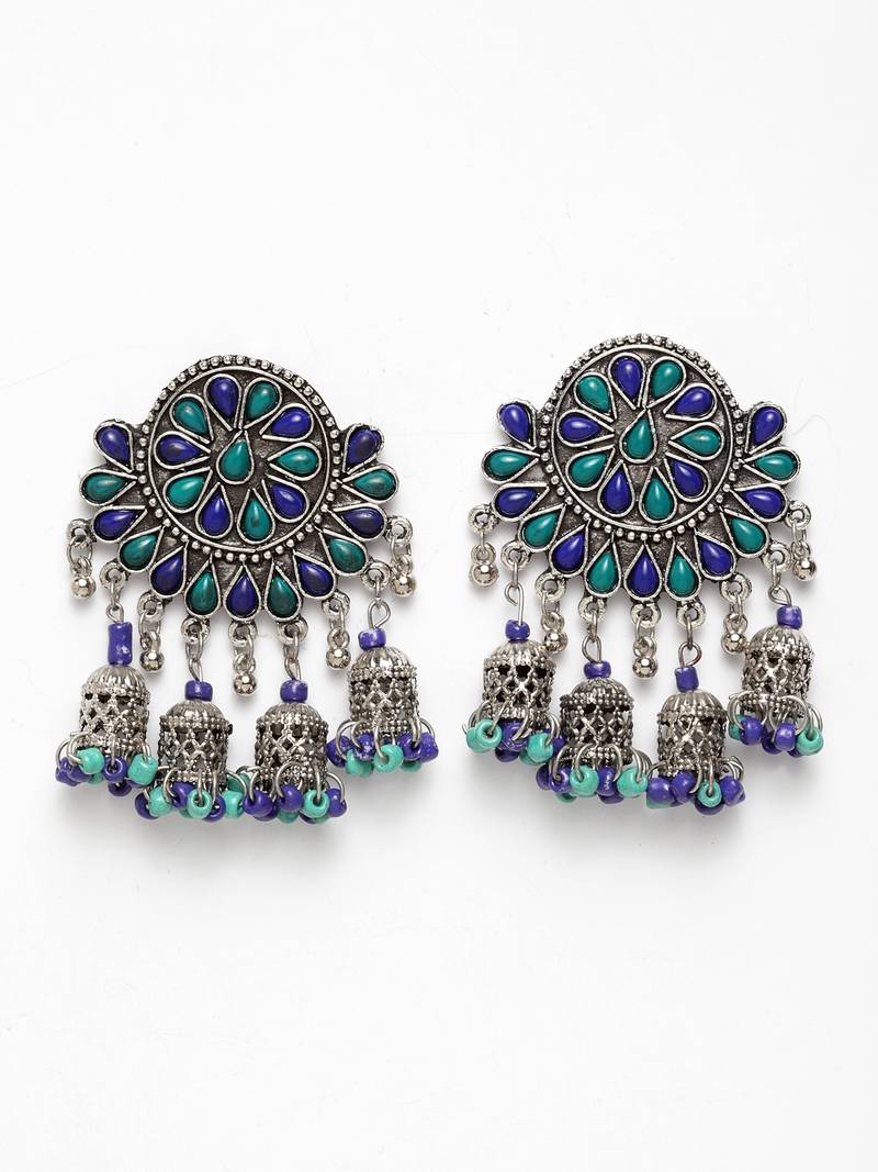 Handcrafted Blue Beads Stones Hanging Jhumki Design Oxidised Silver Plated Brass Chandbalis