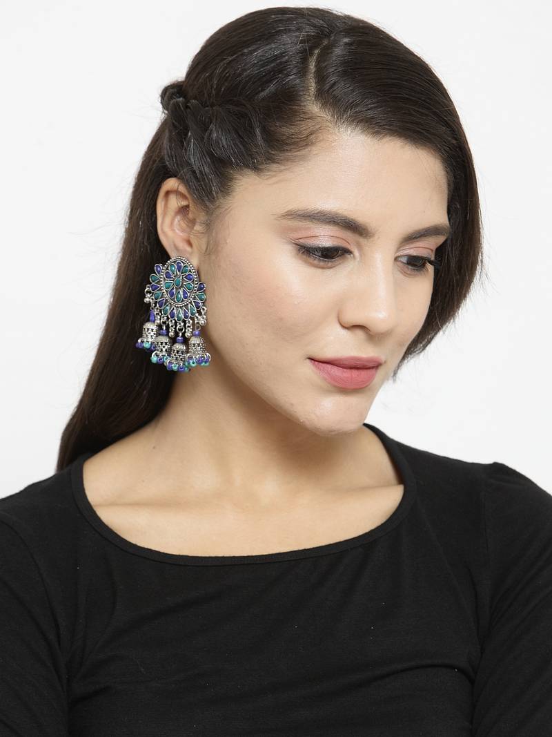 Handcrafted Blue Beads Stones Hanging Jhumki Design Oxidised Silver Plated Brass Chandbalis