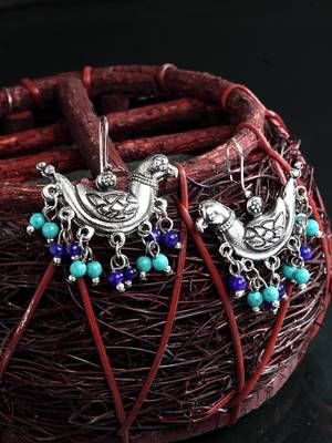 Handcrafted Turquoise Blue Beads Sparrow Design Oxidised Silver Plated Brass Studs 1