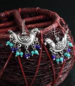 Handcrafted Turquoise Blue Beads Sparrow Design Oxidised Silver Plated Brass Studs