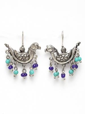 Handcrafted Turquoise Blue Beads Sparrow Design Oxidised Silver Plated Brass Studs 2