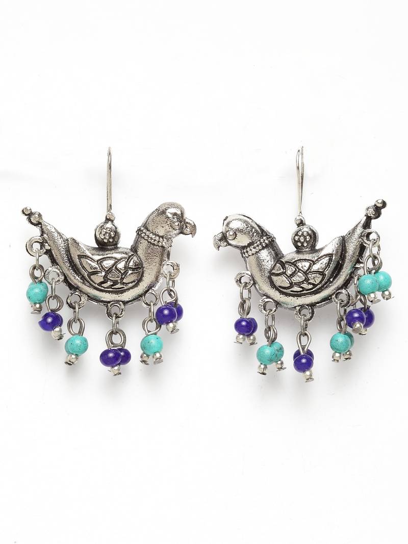 Handcrafted Turquoise Blue Beads Sparrow Design Oxidised Silver Plated Brass Studs