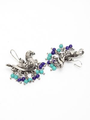 Handcrafted Turquoise Blue Beads Sparrow Design Oxidised Silver Plated Brass Studs 3