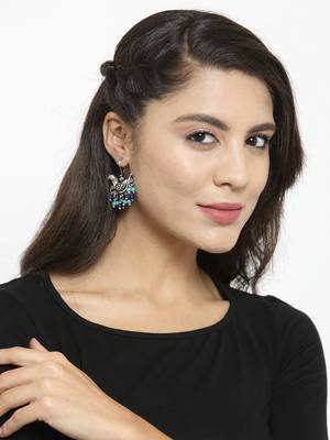 Handcrafted Turquoise Blue Beads Sparrow Design Oxidised Silver Plated Brass Studs 4