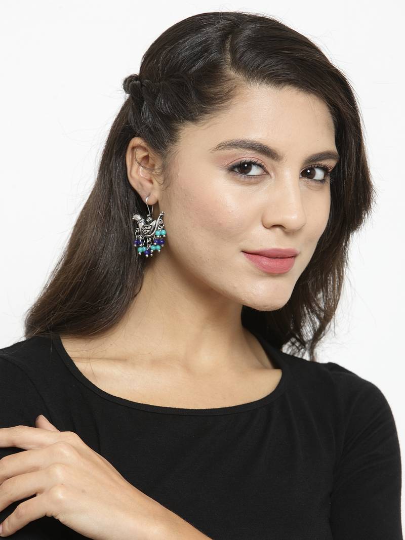 Handcrafted Turquoise Blue Beads Sparrow Design Oxidised Silver Plated Brass Studs