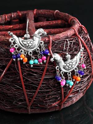 Handcrafted Multi Color Beads Sparrow Design Oxidised Silver Plated Brass Studs 1