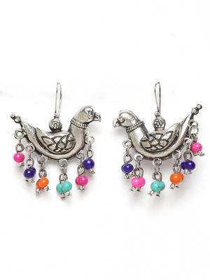 Handcrafted Multi Color Beads Sparrow Design Oxidised Silver Plated Brass Studs 2