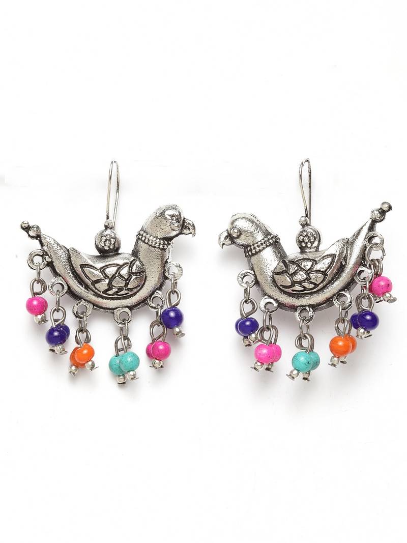 Handcrafted Multi Color Beads Sparrow Design Oxidised Silver Plated Brass Studs