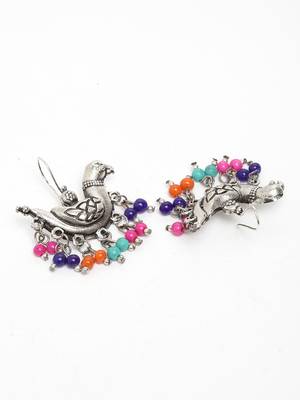 Handcrafted Multi Color Beads Sparrow Design Oxidised Silver Plated Brass Studs 3