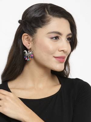 Handcrafted Multi Color Beads Sparrow Design Oxidised Silver Plated Brass Studs 4