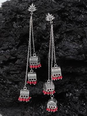 Handcrafted Leaf Design Red Bead Oxidised Silver Plated Brass Afghan Hanging Jhumkas 1