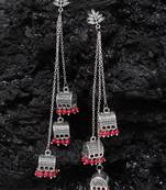 Handcrafted Leaf Design Red Bead Oxidised Silver Plated Brass Afghan Hanging Jhumkas