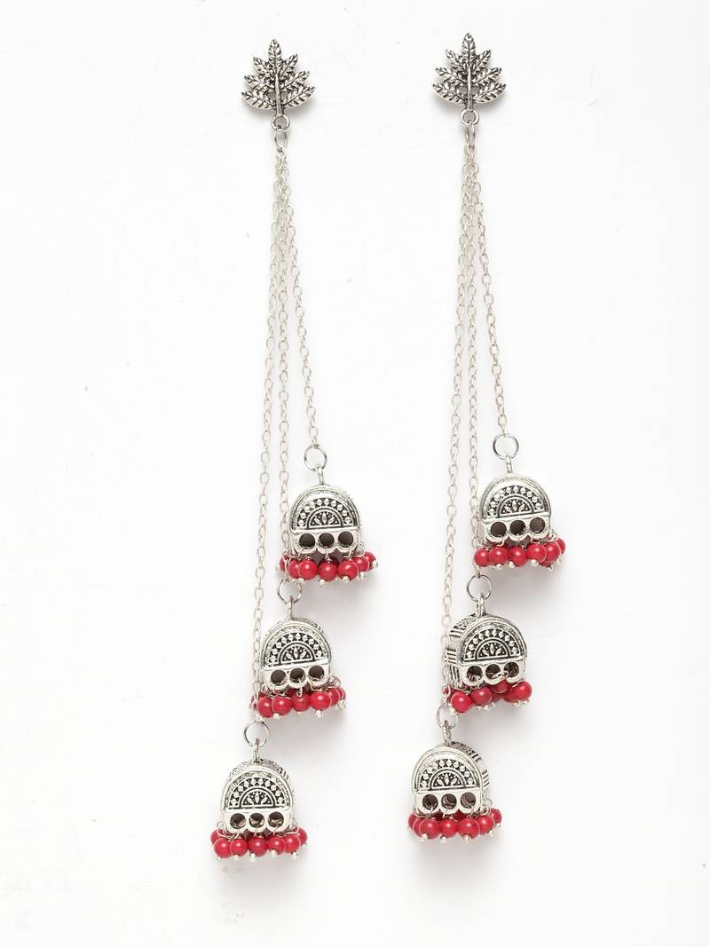 Handcrafted Leaf Design Red Bead Oxidised Silver Plated Brass Afghan Hanging Jhumkas