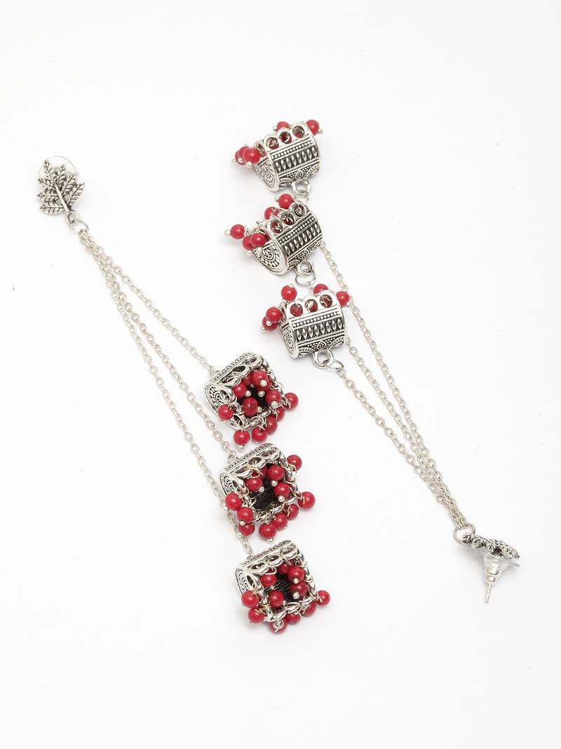 Handcrafted Leaf Design Red Bead Oxidised Silver Plated Brass Afghan Hanging Jhumkas