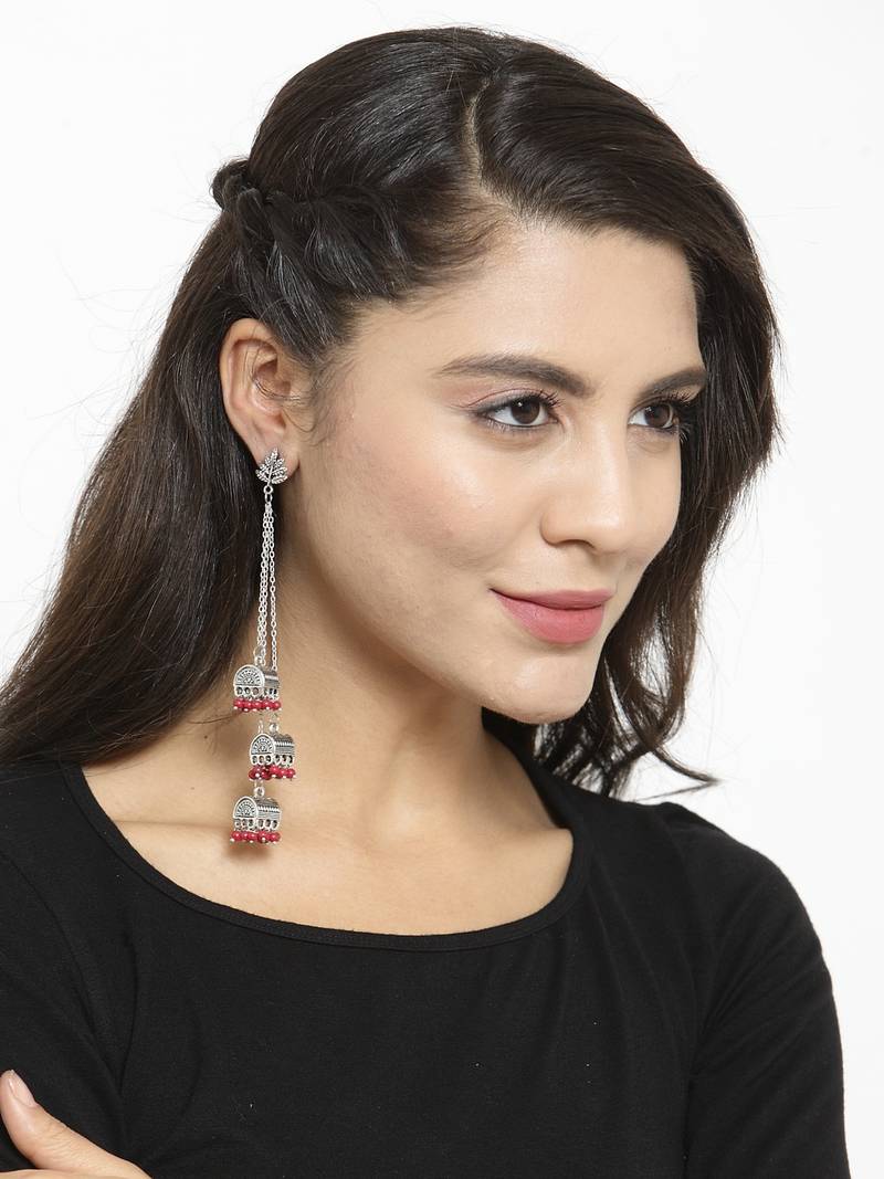 Handcrafted Leaf Design Red Bead Oxidised Silver Plated Brass Afghan Hanging Jhumkas