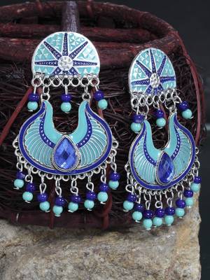 Handpainted Turquoise Blue Beads Meenakari Design Silver Plated German Silver Chandbalis 1