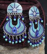 Handpainted Turquoise Blue Beads Meenakari Design Silver Plated German Silver Chandbalis
