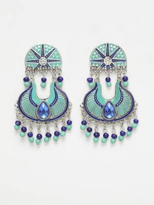 Handpainted Turquoise Blue Beads Meenakari Design Silver Plated German Silver Chandbalis 2