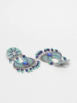 Handpainted Turquoise Blue Beads Meenakari Design Silver Plated German Silver Chandbalis 3