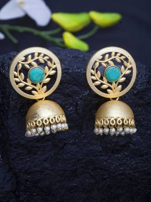 Handcrafted Turquoise Blue Stone Handmade Filigree Design Gold Plated Brass Jhumkas 1
