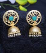Handcrafted Turquoise Blue Stone Handmade Filigree Design Gold Plated Brass Jhumkas
