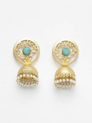 Handcrafted Turquoise Blue Stone Handmade Filigree Design Gold Plated Brass Jhumkas 2
