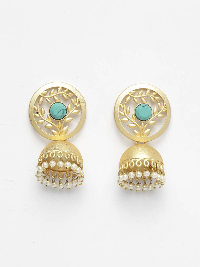 Handcrafted Turquoise Blue Stone Handmade Filigree Design Gold Plated Brass Jhumkas