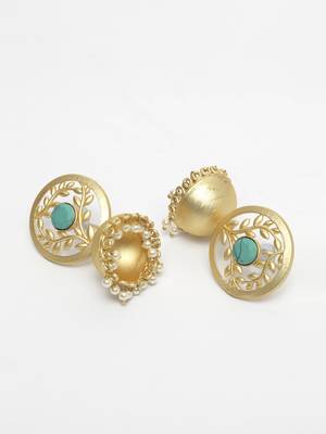 Handcrafted Turquoise Blue Stone Handmade Filigree Design Gold Plated Brass Jhumkas 3