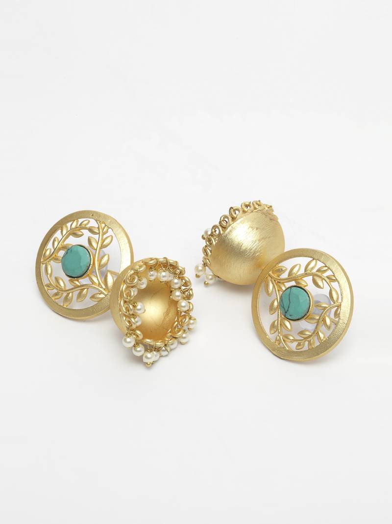 Handcrafted Turquoise Blue Stone Handmade Filigree Design Gold Plated Brass Jhumkas