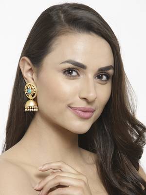 Handcrafted Turquoise Blue Stone Handmade Filigree Design Gold Plated Brass Jhumkas 4
