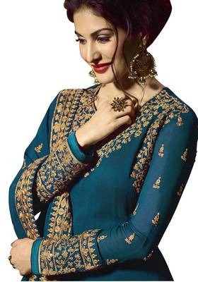 Turquoise Embroidered Georgette Salwar With Dupatta 3