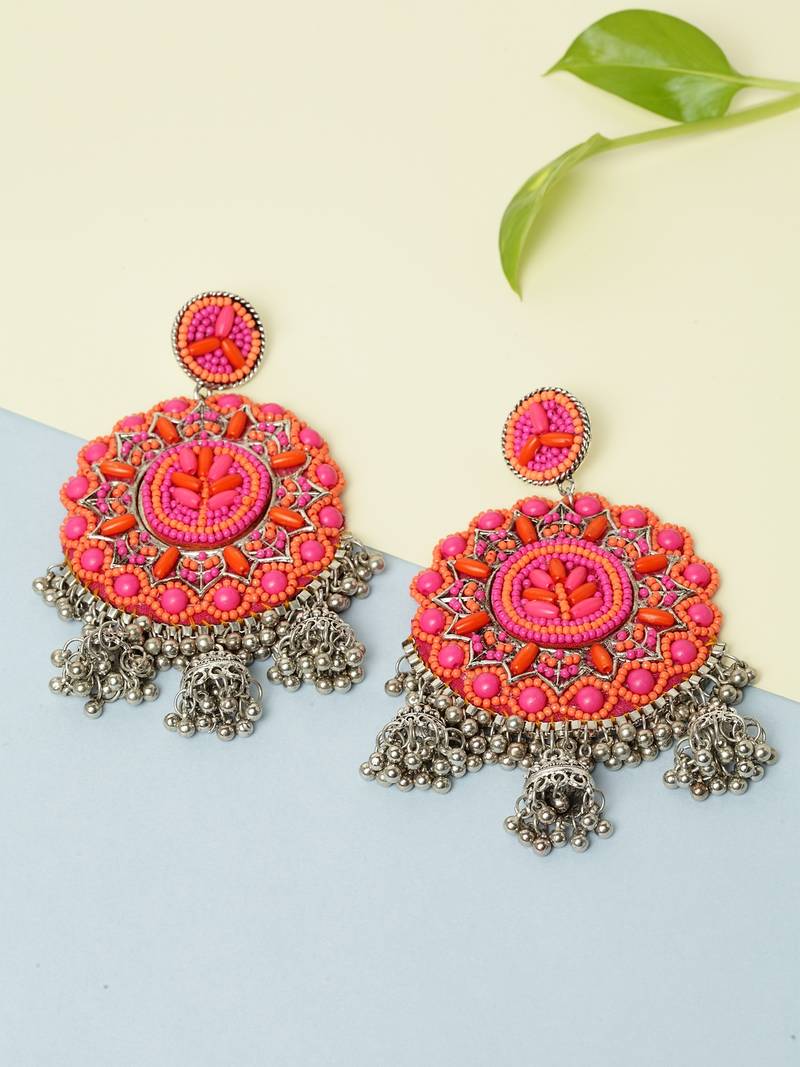 Handwoven Pink Orange Beads Afghan Design Silver Plated Brass Multi Jhumka Earrings