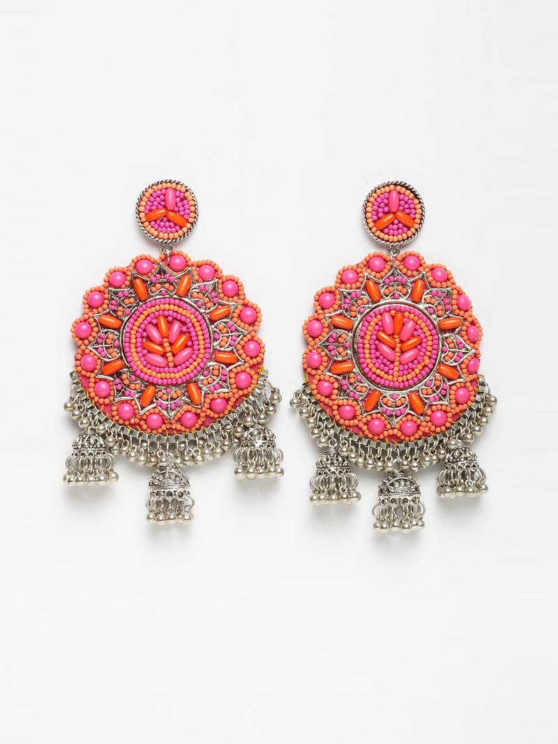 Handwoven Pink Orange Beads Afghan Design Silver Plated Brass Multi Jhumka Earrings