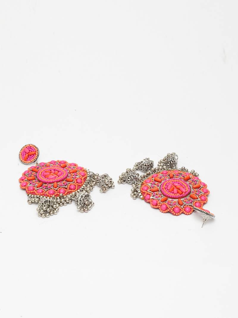 Handwoven Pink Orange Beads Afghan Design Silver Plated Brass Multi Jhumka Earrings