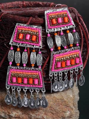 Handcrafted Pink Orange Beads Hanging Design Silver Plated German Silver Drop Earrings 1
