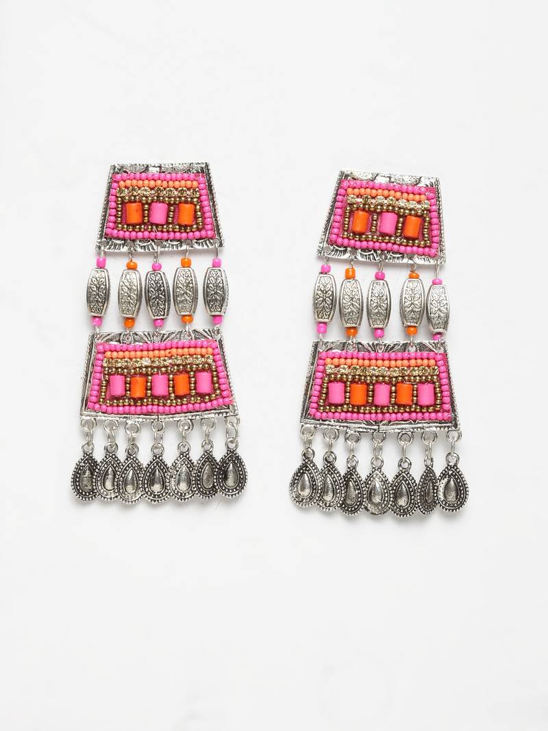 Handcrafted Pink Orange Beads Hanging Design Silver Plated German Silver Drop Earrings