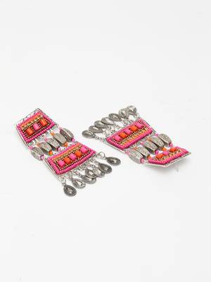 Handcrafted Pink Orange Beads Hanging Design Silver Plated German Silver Drop Earrings 3