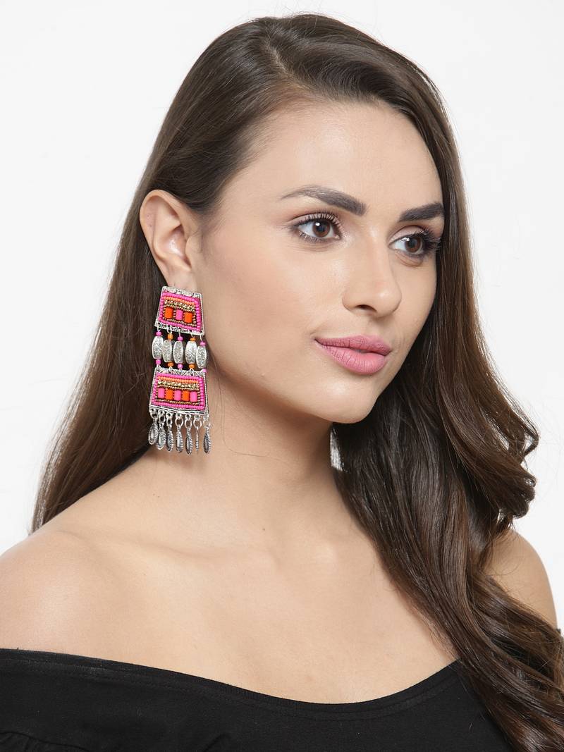 Handcrafted Pink Orange Beads Hanging Design Silver Plated German Silver Drop Earrings