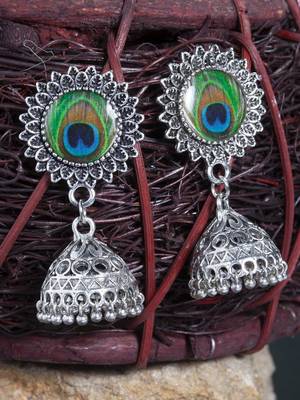 Handcrafted Enamelled Peacock Picture Design Oxidised Silver Plated Brass Jhumkas 1